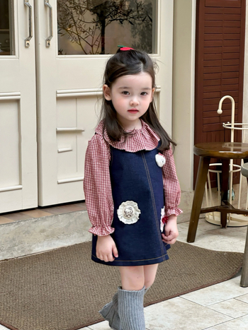 Djevojčice dvodjelni jesenski set 2025: haljina s trakama i karirana bluza, pamuk, crtani motiv