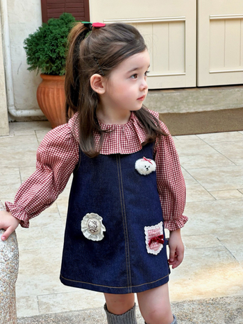 Djevojčice dvodjelni jesenski set 2025: haljina s trakama i karirana bluza, pamuk, crtani motiv