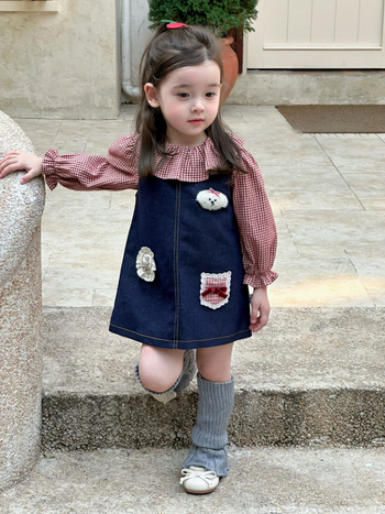 Djevojčice dvodjelni jesenski set 2025: haljina s trakama i karirana bluza, pamuk, crtani motiv