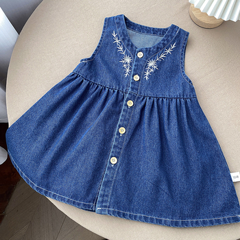 Tüdrukute denimi komplekt, varrukateta, tikitud, Korea stiilis, kaheosaline komplekt, 65% puuvill