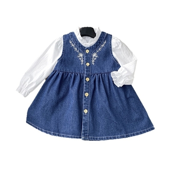 Tüdrukute denimi komplekt, varrukateta, tikitud, Korea stiilis, kaheosaline komplekt, 65% puuvill