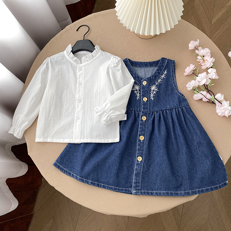 Tüdrukute denimi komplekt, varrukateta, tikitud, Korea stiilis, kaheosaline komplekt, 65% puuvill