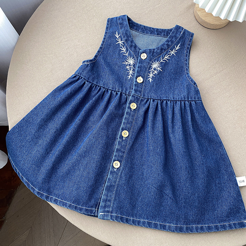 Tüdrukute denimi komplekt, varrukateta, tikitud, Korea stiilis, kaheosaline komplekt, 65% puuvill