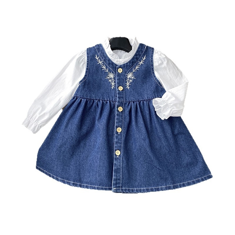 Tüdrukute denimi komplekt, varrukateta, tikitud, Korea stiilis, kaheosaline komplekt, 65% puuvill