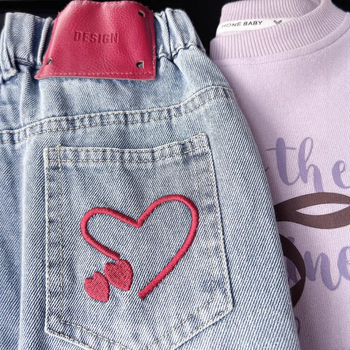Tüdrukutele – Korea stiilis puuvillased džinsid südame motiiviga, vaba laia lõikega, sügis 2025