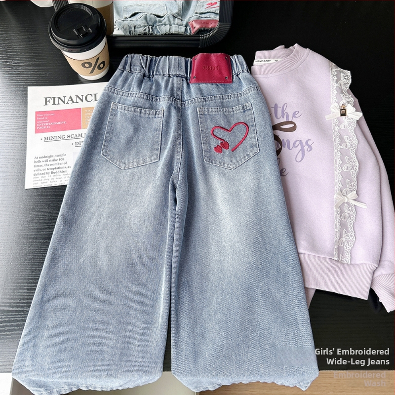 Tüdrukutele – Korea stiilis puuvillased džinsid südame motiiviga, vaba laia lõikega, sügis 2025