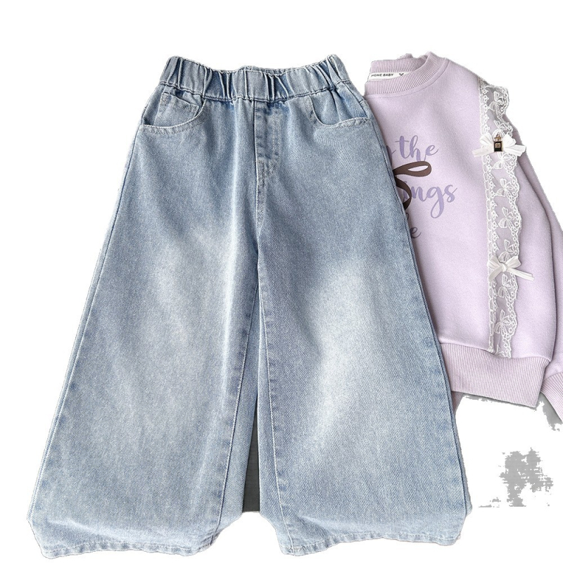 Tüdrukutele – Korea stiilis puuvillased džinsid südame motiiviga, vaba laia lõikega, sügis 2025