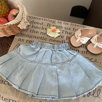 Детска дънкова пола с плисе за момичета, деним, 80% памук, за възраст 3–8 г., лято 2024