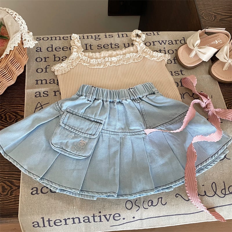 Meitenēm džinsa plisētās svārkas, džinsa audums ar 80% kokvilnas, vecums 3–8 gadi, vasara 2024