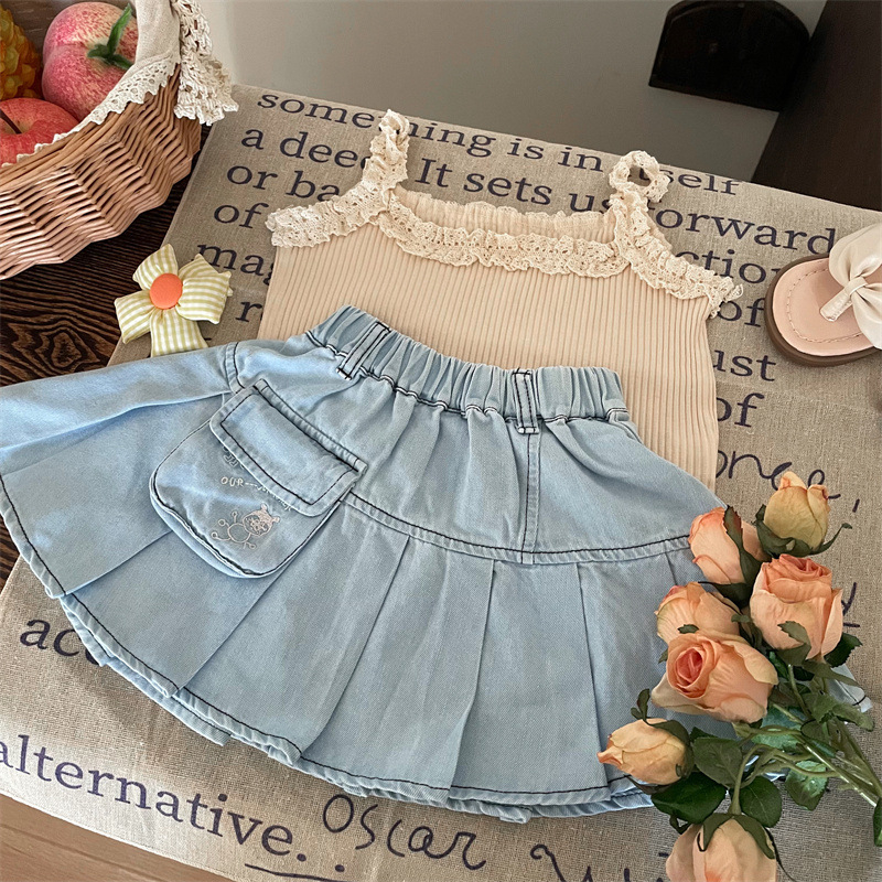 Детска дънкова пола с плисе за момичета, деним, 80% памук, за възраст 3–8 г., лято 2024
