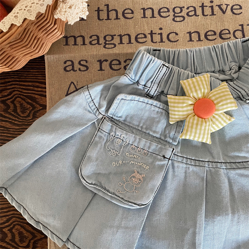 Детска дънкова пола с плисе за момичета, деним, 80% памук, за възраст 3–8 г., лято 2024