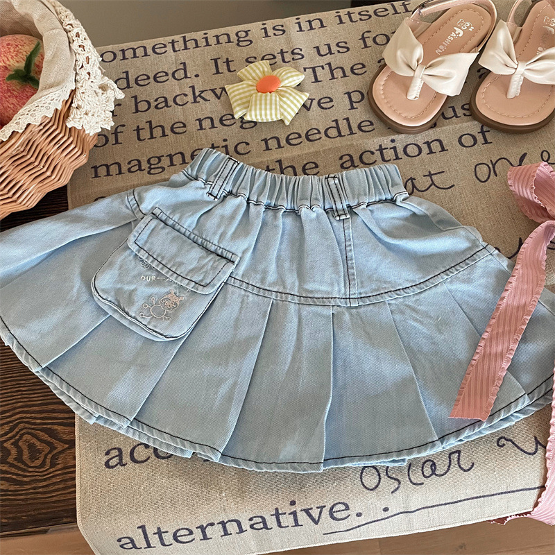 Детска дънкова пола с плисе за момичета, деним, 80% памук, за възраст 3–8 г., лято 2024