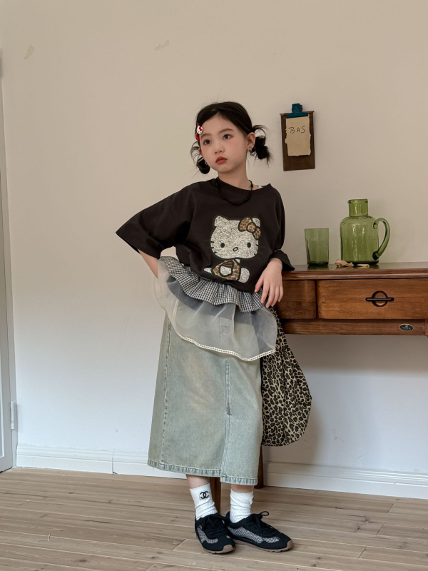 Детска пола в корейски стил, памук 70%, каре модел, неравен подгъв, за момичета 8+ години, пролет 2025