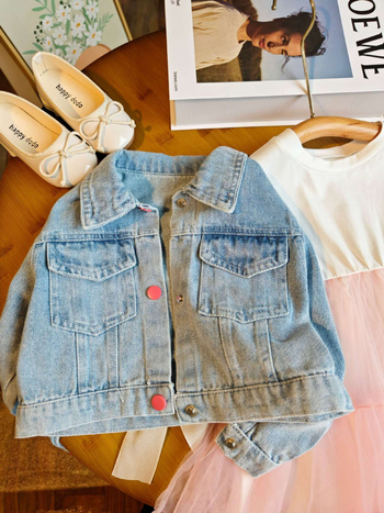 Set pentru fete, două piese, în stil coreean, cu rochie de prințesă din tul și palton din denim (stil coreean, două piese, rochie din tul, palton denim)