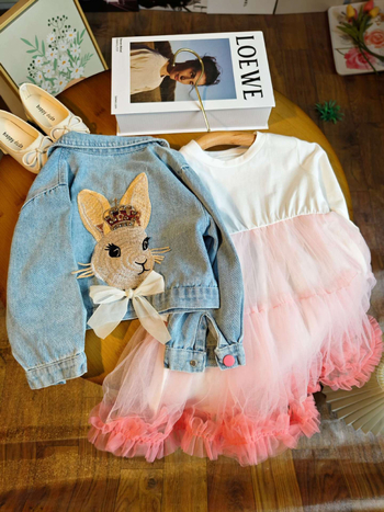 Set pentru fete, două piese, în stil coreean, cu rochie de prințesă din tul și palton din denim (stil coreean, două piese, rochie din tul, palton denim)