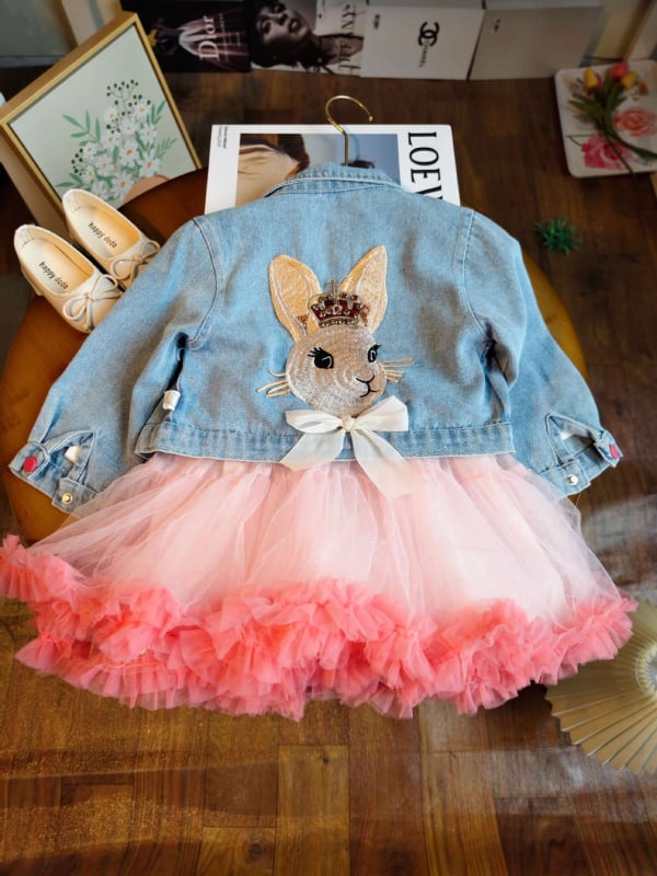 Set pentru fete, două piese, în stil coreean, cu rochie de prințesă din tul și palton din denim (stil coreean, două piese, rochie din tul, palton denim)