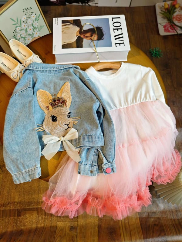 Set pentru fete, două piese, în stil coreean, cu rochie de prințesă din tul și palton din denim (stil coreean, două piese, rochie din tul, palton denim)