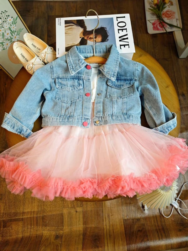 Set pentru fete, două piese, în stil coreean, cu rochie de prințesă din tul și palton din denim (stil coreean, două piese, rochie din tul, palton denim)