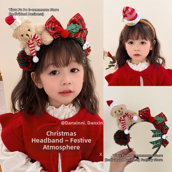 Vaikų galvos juosta su meškiuko dizainu ir šilko gėlėmis (Prekės ženklas: Fupo; Medžiaga: Šilko gėlės; Šventė: Kalėdos)