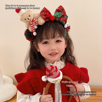 Vaikų galvos juosta su meškiuko dizainu ir šilko gėlėmis (Prekės ženklas: Fupo; Medžiaga: Šilko gėlės; Šventė: Kalėdos)