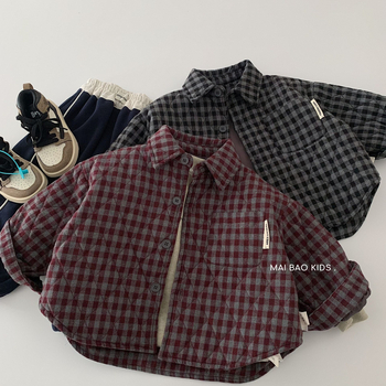 Dječja karirana košulja, unisex, dugi rukav, rever ovratnik, zima 2025, korejski stil, mekan materijal