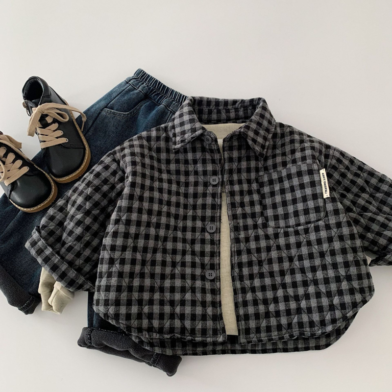 Dječja karirana košulja, unisex, dugi rukav, rever ovratnik, zima 2025, korejski stil, mekan materijal