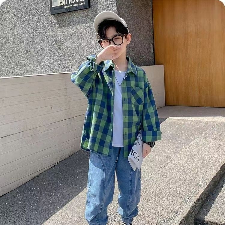 Dječja košulja za proljeće - karirani uzorak, minimalistički stil, pamuk-mješavina tkanina, duge rukave