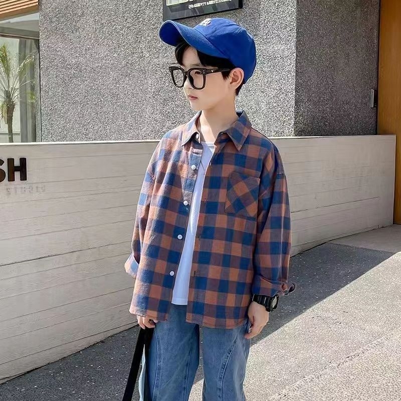 Dječja košulja za proljeće - karirani uzorak, minimalistički stil, pamuk-mješavina tkanina, duge rukave