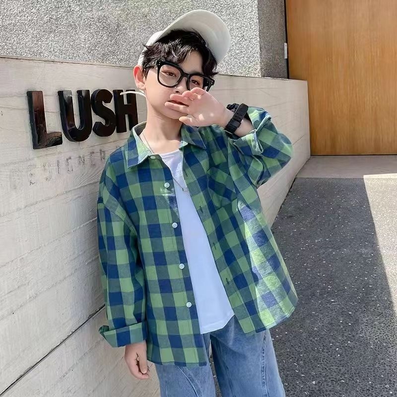 Dječja košulja za proljeće - karirani uzorak, minimalistički stil, pamuk-mješavina tkanina, duge rukave