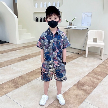 Dječji ljetni dvodijelni kostim: košulica s kratkim rukavima i kratke hlače, lagana poliesterska mješavina 97% poliester, 3% spandex, opušteni stil, ljeto 2025