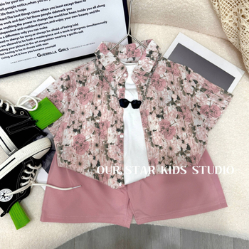 Dječji ljetni dvodijelni kostim: košulica s kratkim rukavima i kratke hlače, lagana poliesterska mješavina 97% poliester, 3% spandex, opušteni stil, ljeto 2025