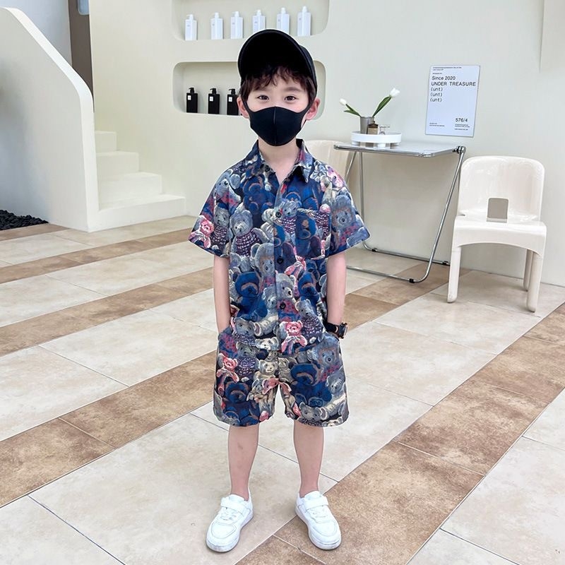 Dječji ljetni dvodijelni kostim: košulica s kratkim rukavima i kratke hlače, lagana poliesterska mješavina 97% poliester, 3% spandex, opušteni stil, ljeto 2025