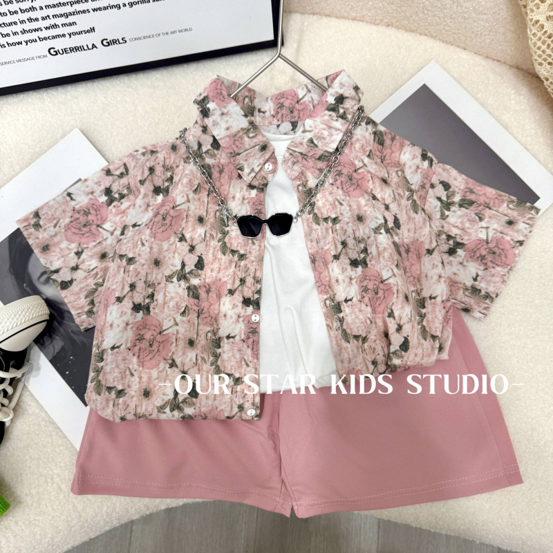 Dječji ljetni dvodijelni kostim: košulica s kratkim rukavima i kratke hlače, lagana poliesterska mješavina 97% poliester, 3% spandex, opušteni stil, ljeto 2025