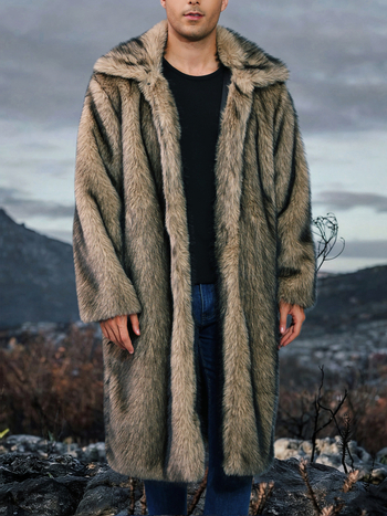 Muški kaput od umjetnog krzna s produženom duljinom, rever, jednostruko kopčanje, bočni džepovi