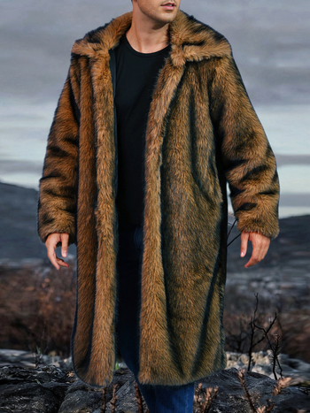 Muški kaput od umjetnog krzna s produženom duljinom, rever, jednostruko kopčanje, bočni džepovi