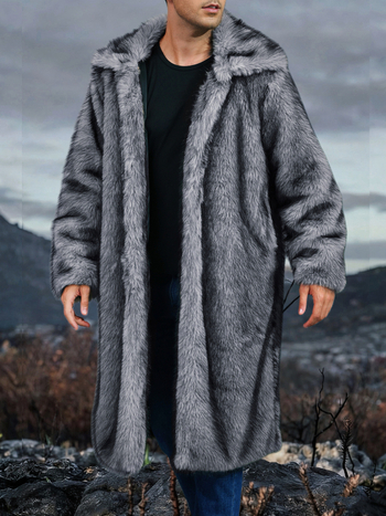 Muški kaput od umjetnog krzna s produženom duljinom, rever, jednostruko kopčanje, bočni džepovi