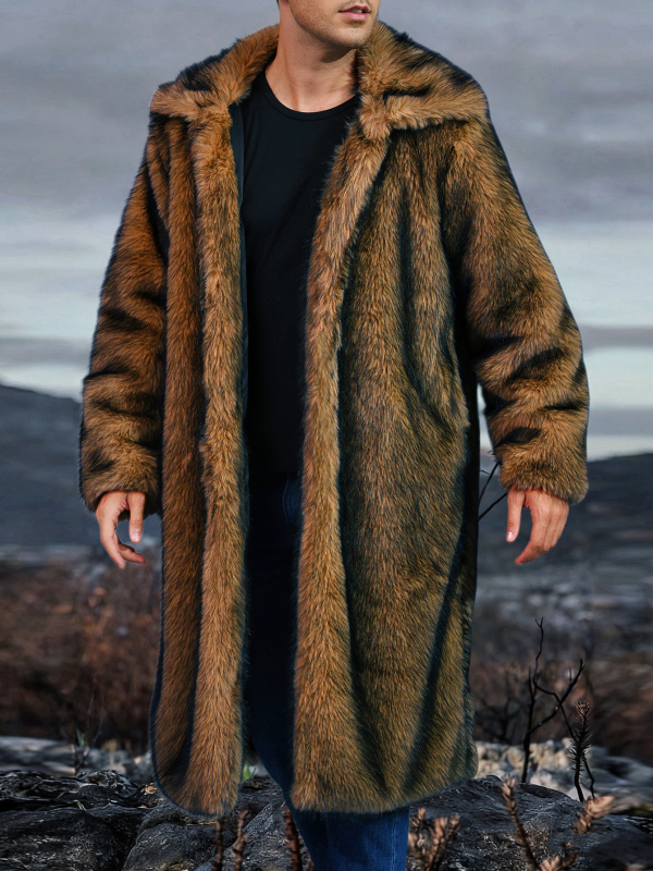 Muški kaput od umjetnog krzna s produženom duljinom, rever, jednostruko kopčanje, bočni džepovi