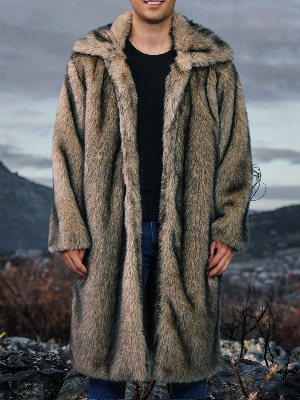 Muški kaput od umjetnog krzna s produženom duljinom, rever, jednostruko kopčanje, bočni džepovi