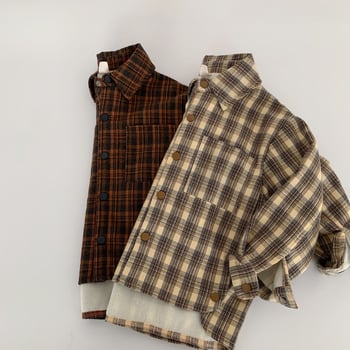 Dječja košulja, korejski stil, karirani uzorak, rever ovratnik, poliester 70.5%