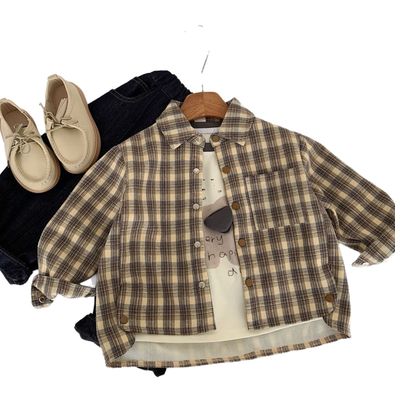 Dječja košulja, korejski stil, karirani uzorak, rever ovratnik, poliester 70.5%