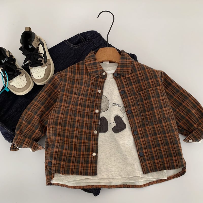 Dječja košulja, korejski stil, karirani uzorak, rever ovratnik, poliester 70.5%