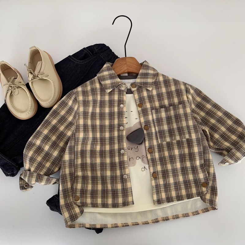 Dječja košulja, korejski stil, karirani uzorak, rever ovratnik, poliester 70.5%