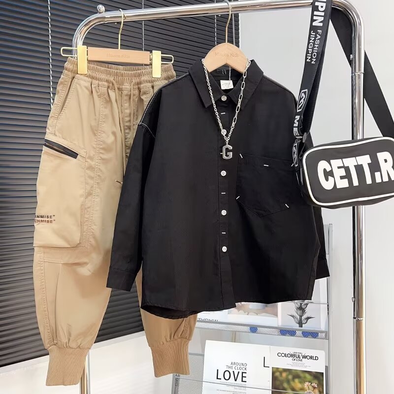 Dječja košulja s dugim rukavima, ovratnik tipa lapel, jednobojna, poliester, proljeće i jesen