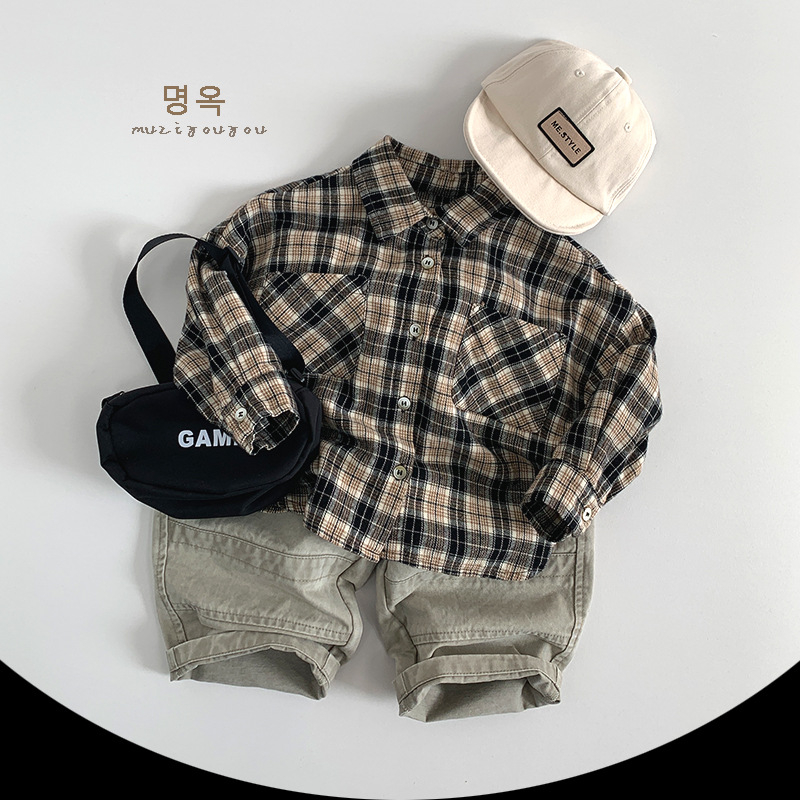 Cămașă pentru copii în carouri, 100% bumbac, stil coreean, unisex.