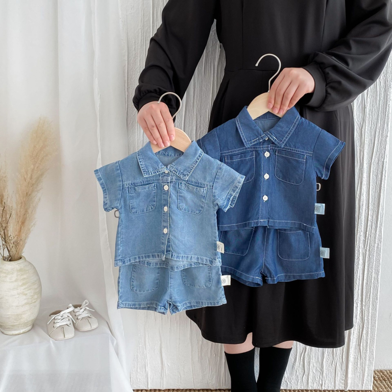 Dječji ljetni denim komplet: majica s kratkim rukavima i šortse, 2-dijelni set, crtani uzorak, korejski stil