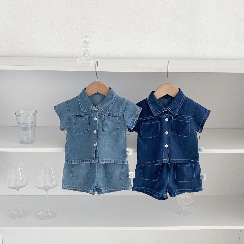 Dječji ljetni denim komplet: majica s kratkim rukavima i šortse, 2-dijelni set, crtani uzorak, korejski stil