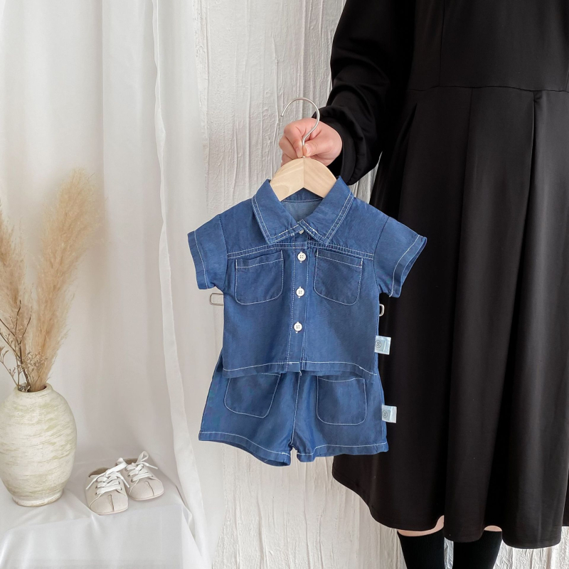 Dječji ljetni denim komplet: majica s kratkim rukavima i šortse, 2-dijelni set, crtani uzorak, korejski stil