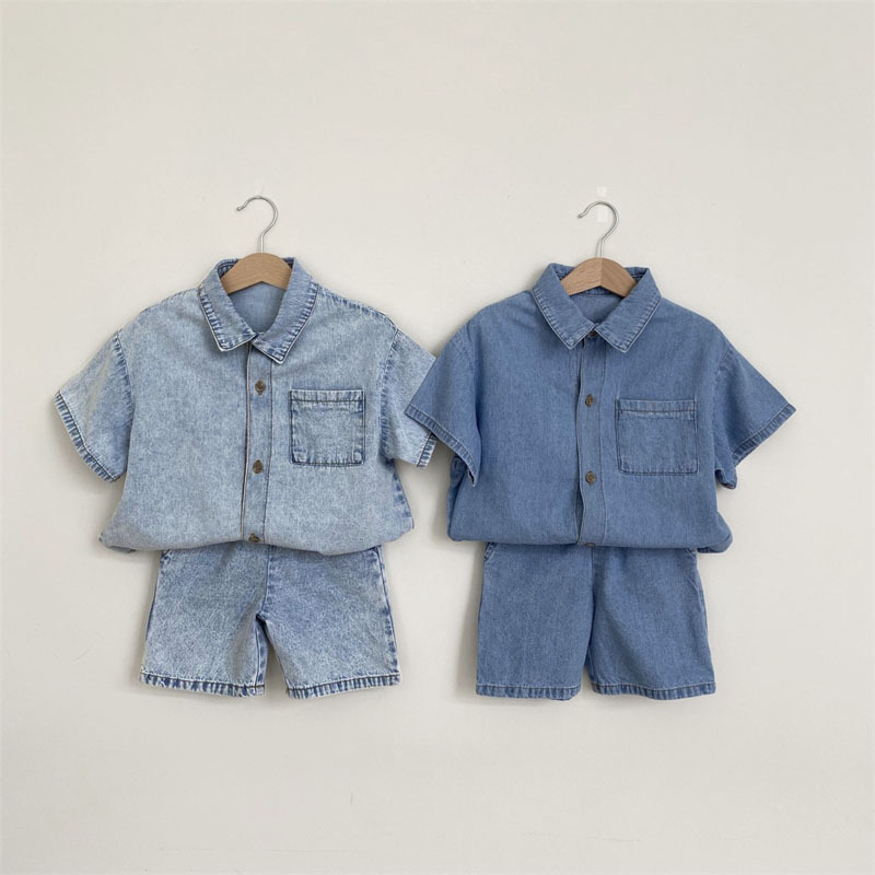 Dječji dvodijelni denim komplet – korejskog stila, ljeto, za djecu 3–8 godina, denim tkanina, 95% pamuk