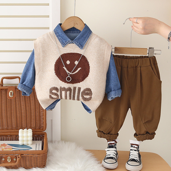 Детски костюм от три части: памучен мъхнат плат, дънкова риза и суитър жилетка с усмихнато лице, унисекс, за деца 1–3 години