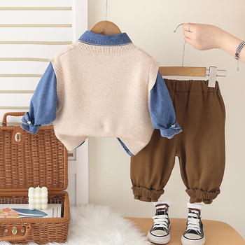 Детски костюм от три части: памучен мъхнат плат, дънкова риза и суитър жилетка с усмихнато лице, унисекс, за деца 1–3 години